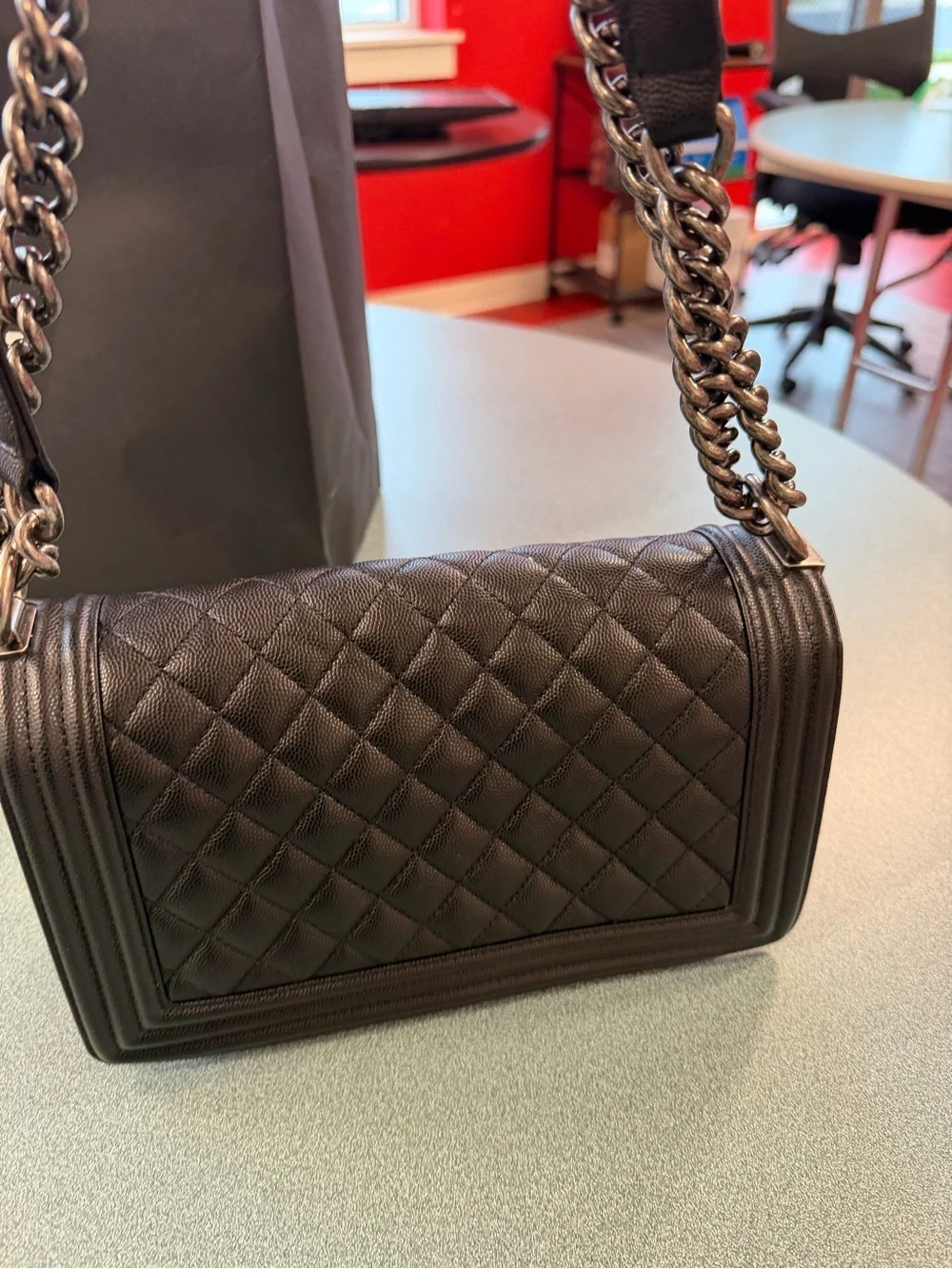 CHANEL Black Quilted Boy Shoulder Bag with Silver-Tone Chain
